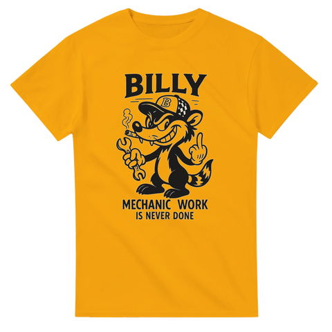 Gul t-shirt med Billy Badger och texten "Mechanic Work Is Never Done"