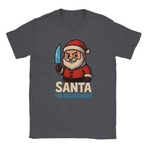Jul t-shirt i grå med tecknad tomte som ser psykotisk ut