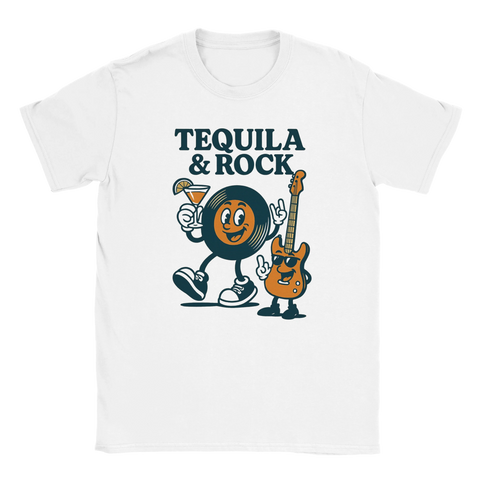 T-shirt med tecknad vinylskiva, elgitarr och tequilashot samt texten "Tequila & Rock"