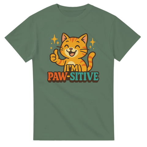 Grön t-shirt med samma motiv: glad katt med tummen upp och texten "I'm Paw-sitive".