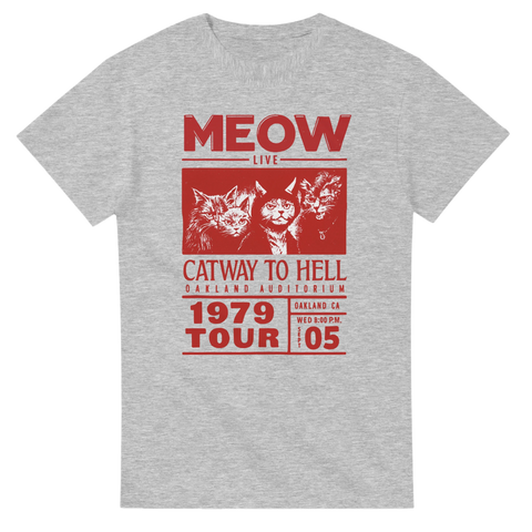 T-shirt med röd rockaffisch och katter