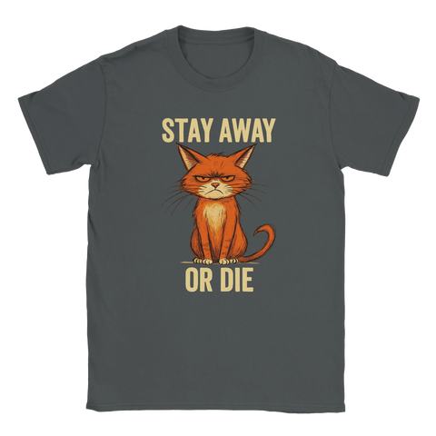Grå t-shirt med arg katt och texten Stay Away or Die