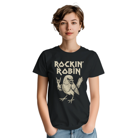 Svart t-shirt med rockande rödhake och texten "Rockin' Robin"