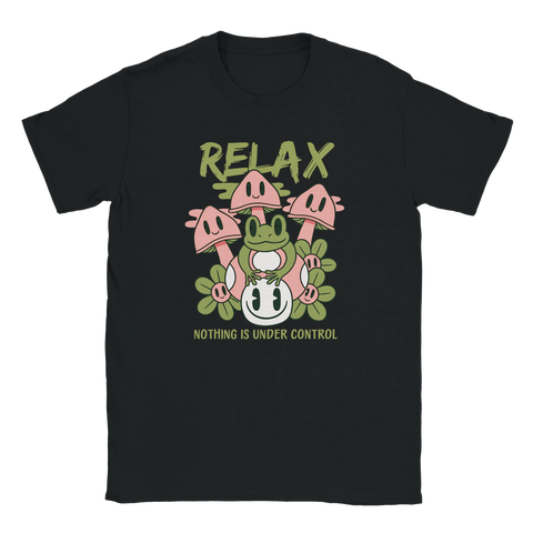 T-shirt med tecknad groda och rosa svampar samt texten "Relax – Nothing Is Under Control"