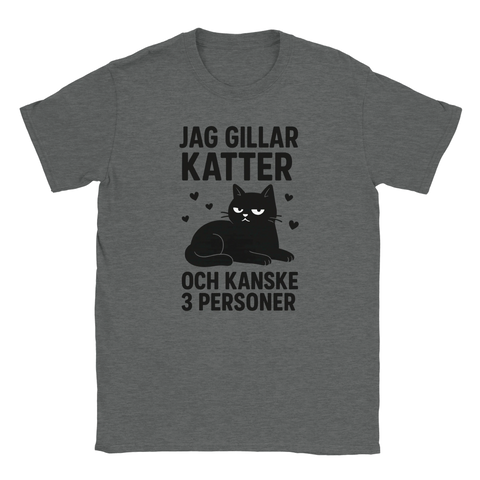 Grå t-shirt med texten "Jag gillar katter och kanske 3 personer" och en kattillustration