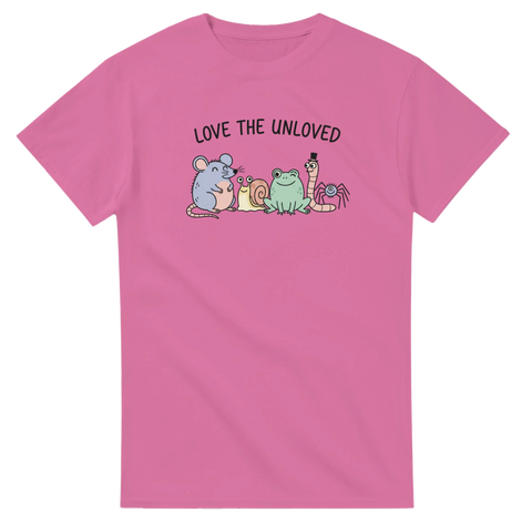 Love the Unloved t-shirt med gulliga djur och text – cerise
