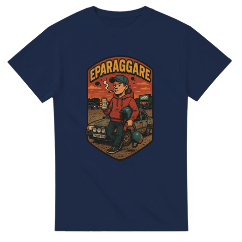 Ung raggare med folköl och cigg lutar sig mot EPA-traktor vid Coop-parkering i retro badge-stil.