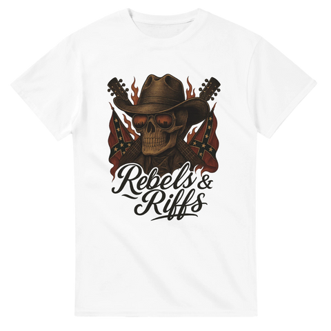 T-shirt med dödskalle i cowboyhatt och gitarrer
