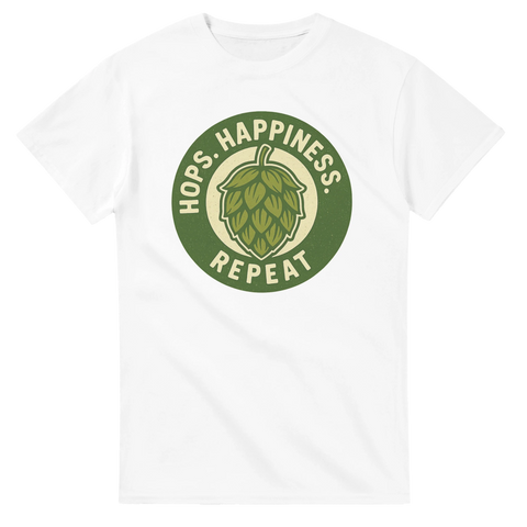 Vit t-shirt med texten Hops Happiness Repeat och humlekotte