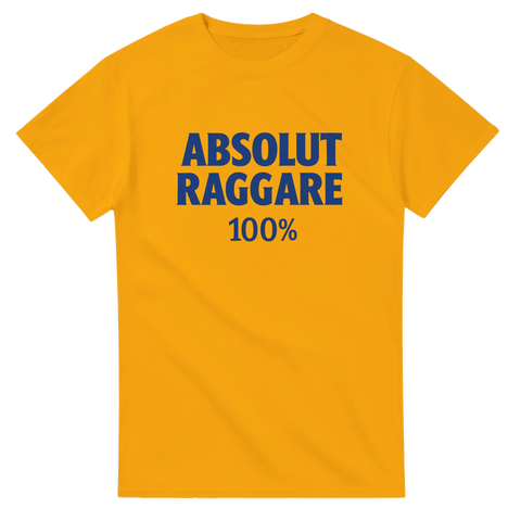 Gul t-shirt med blå texten "Absolut Raggare 100%"