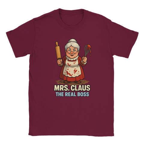 T-shirt jul med tryck – Mrs Claus The Real Boss - Tomtemor