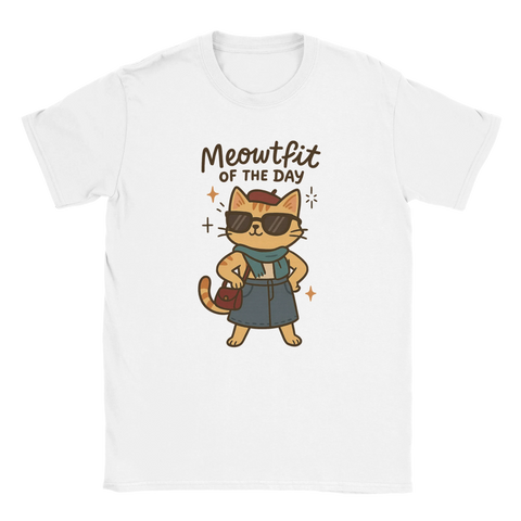 Vit  t-shirt med tecknad katt i solglasögon och texten Meowtfit of the Day