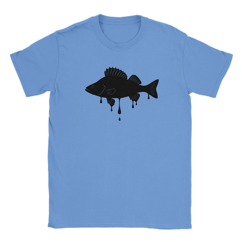 t-shirt med grafisk illustration av en svart abborre med droppande färgeffekt, perfekt för sportfiskare som gillar minimalistisk design.