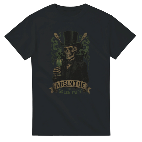 Svart t-shirt med motiv av ett skelett i hög hatt som håller ett glas absint, med grön dimma och texten "Absinthe – The Green Fairy".