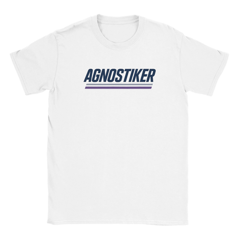 T-shirt med retrotryck AGNOSTIKER i blått och lila – vit t-shirt