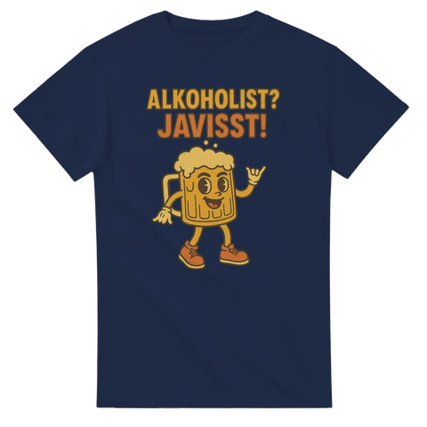 Marinblå t-shirt med tecknad ölsejdel som gör shaka-tecken och texten ”Alkoholist? Javisst!”.