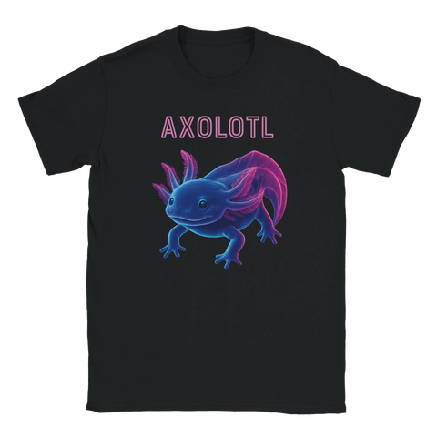 Svart t-shirt med neonfärgad axolotl och texten Axolotl
