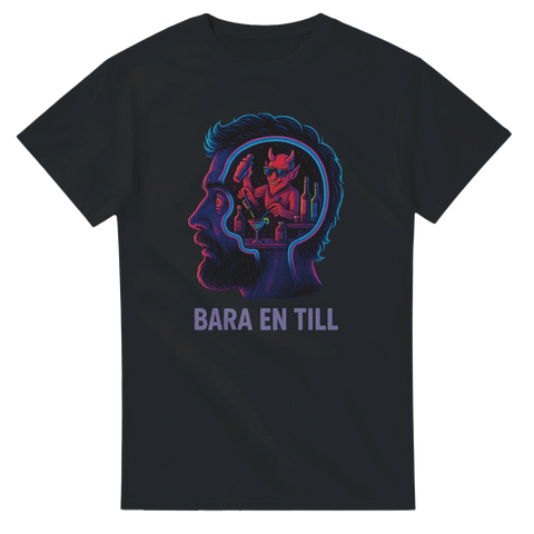 Svart t-shirt med neonmotiv av mansprofil och liten djävul som lockar till mer öl, texten ”Bara en till”.