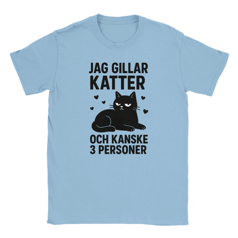 Ljusblå t-shirt med texten "Jag gillar katter och kanske 3 personer" och en kattillustration