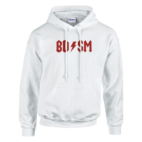 Svart hoodie med röd BDSM-logga i hårdrocksstil – humoristisk och kaxig design för rockfans och ordvitsälskare.