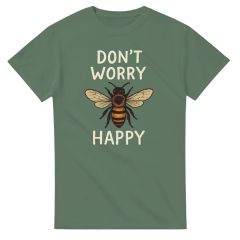 Grön t-shirt med texten Don’t worry happy och en tecknad bi