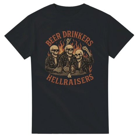 T-shirt med tre skelett i bikerstil som skålar med öl framför eld, för riktiga ölälskare.