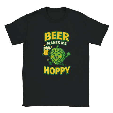 Svart t-shirt med texten Beer Makes Me Hoppy och tecknad humlekotte