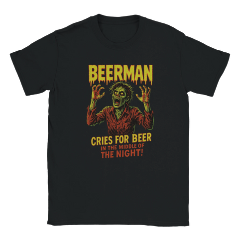 Svart t-shirt med skräckfilmsinspirerat motiv: en zombie-liknande figur som skriker efter öl med texten Beerman – Cries for Beer in the middle of the night!