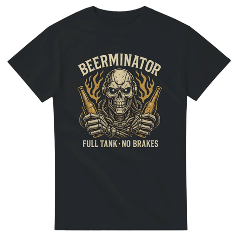 Svart t-shirt med skelett som håller ölflaskor framför flammor, en given favorit för svenska öldrickare.