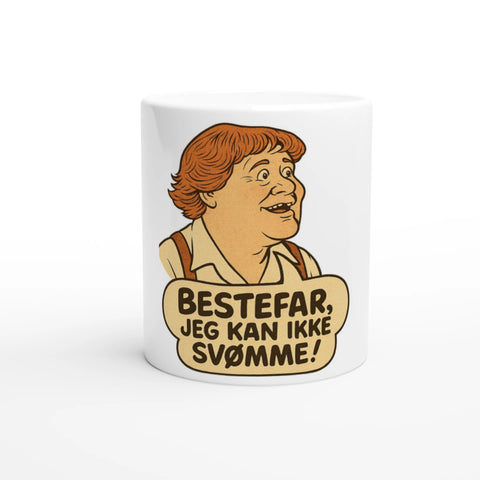 Mugg med texten Bestefar jeg kan inte svömme med dansk pojk.