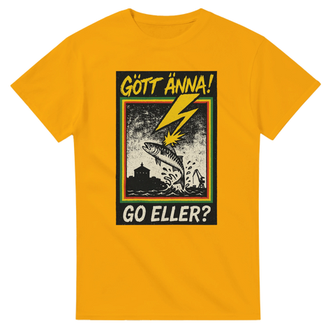 T-shirt med makrill, blixt och Göteborgshumor i gult.