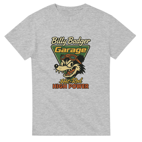 T-shirt med Billy Badger-figur och texten Hot Rod High Power, perfekt för raggare och hot rod-entusiaster