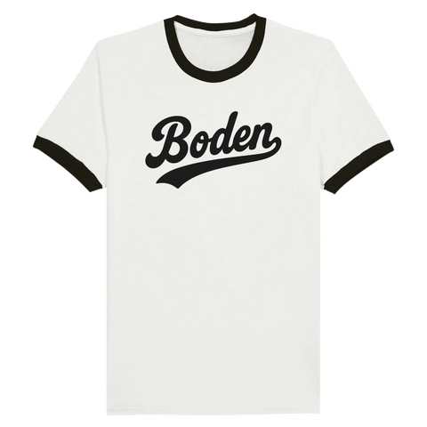 Ringer t-shirt med svart text "Boden" i retrostil på vit bakgrund
