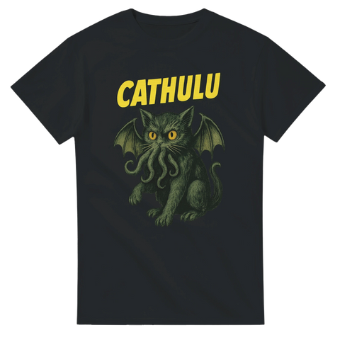 Svart T-shirt med Cathulu, hybrid mellan en katt och Cthulu