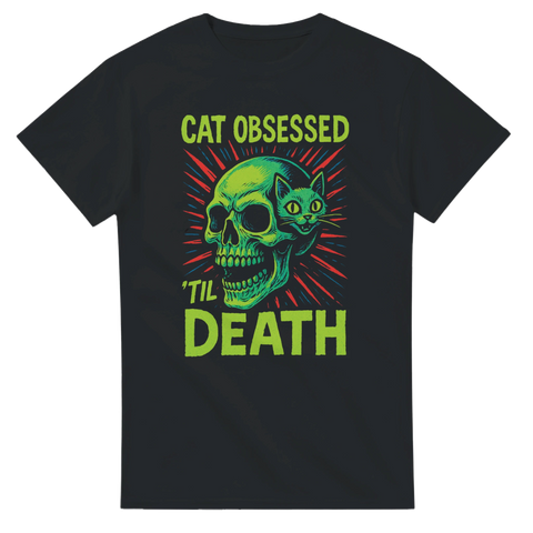 Svart t-shirt med motiv av grön dödskalle och katt, text "Cat Obsessed 'til Death"