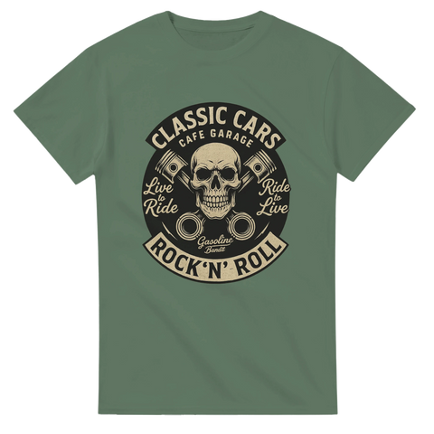 T-shirt med dödskalle och motorer, Classic Cars & Rock’n’roll-text, perfekt för raggare och bilentusiaster