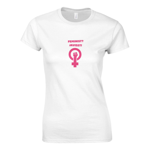 Vit damt-shirt med rosa feministisk symbol och texten "Feminist? Javisst!"