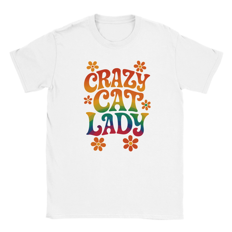 T-shirt med färgglad retrotext "CRAZY CAT LADY" och blommor