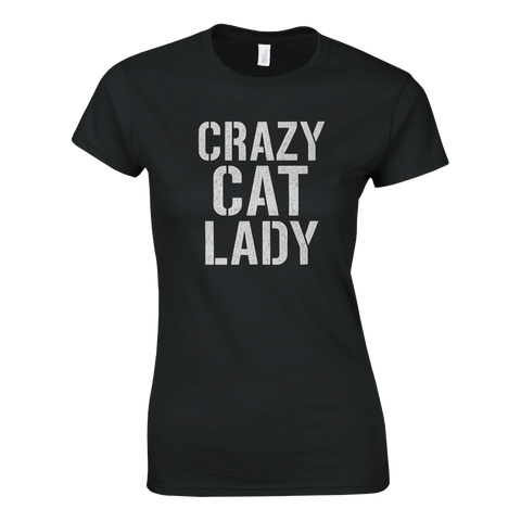 Svart t-shirt med vit text "CRAZY CAT LADY" i blockbokstäver