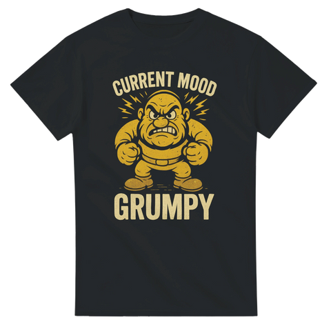 Svart t-shirt med arg gubbe och texten "Current Mood: Grumpy"