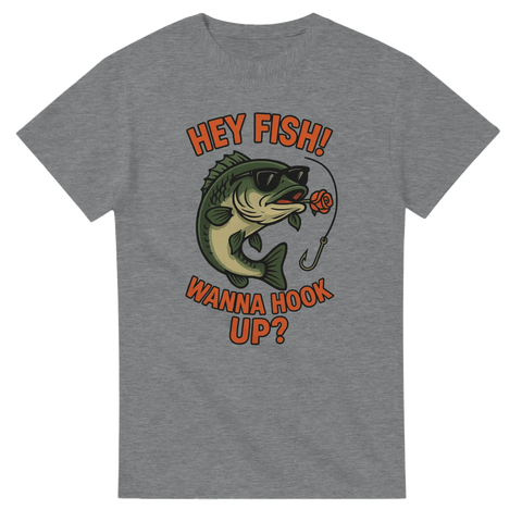 T-shirt med bass och texten "Hey fish! Wanna hook up?"