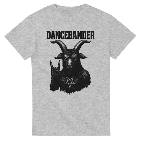 Ironisk T-shirt med svart tryck av bock med pentagram och texten "Dancebander"
