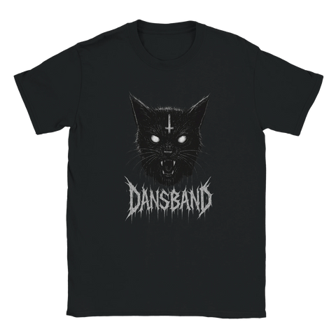 Svart t-shirt med demonisk svart katt och texten Dansband i metallstil