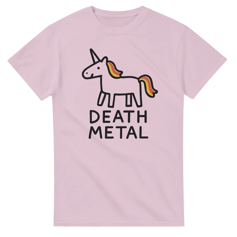 Rosa t-shirt med tecknad enhörning och texten "DEATH METAL"