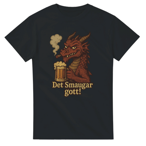 Svart t-shirt med tecknad drake som håller ölsejdel och texten ”Det Smaugar gott!”.