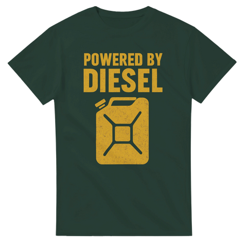T-shirt med texten Powered by Diesel och gul dieselkanna, mörkgrön