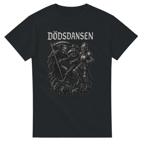 Svart t-shirt med motiv av Dödsdansen – liemannen, riddare och goth-tema