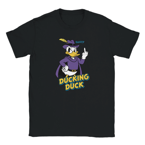 Ducking Duck t-shirt med arg tecknad anka i lila dräkt – svart