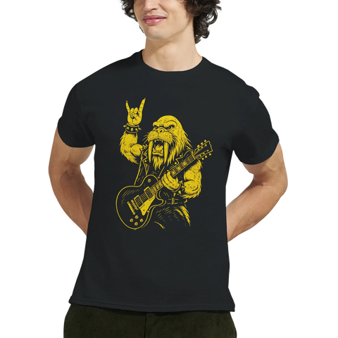 Svart t-shirt med motiv av en arg valross som spelar elgitarr och gör hårdrockstecknet, perfekt för rockfans och musikälskare med humor.