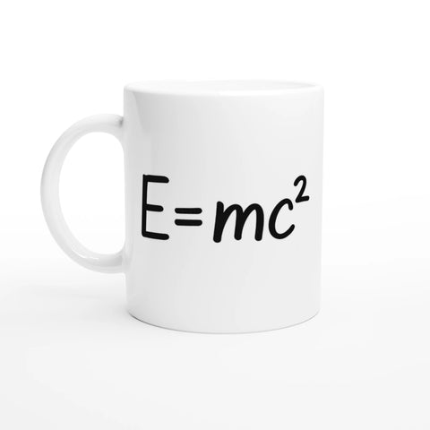 Vit kaffemugg med trycket E=mc², perfekt för fysikälskare och smart humor